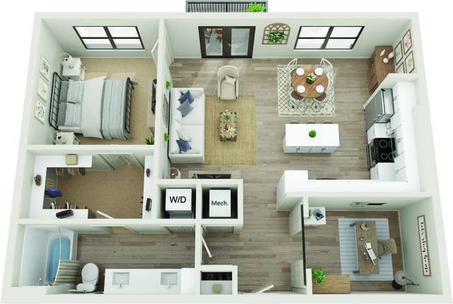Floor plan for 1 bed, 1 bath, 936 sqft